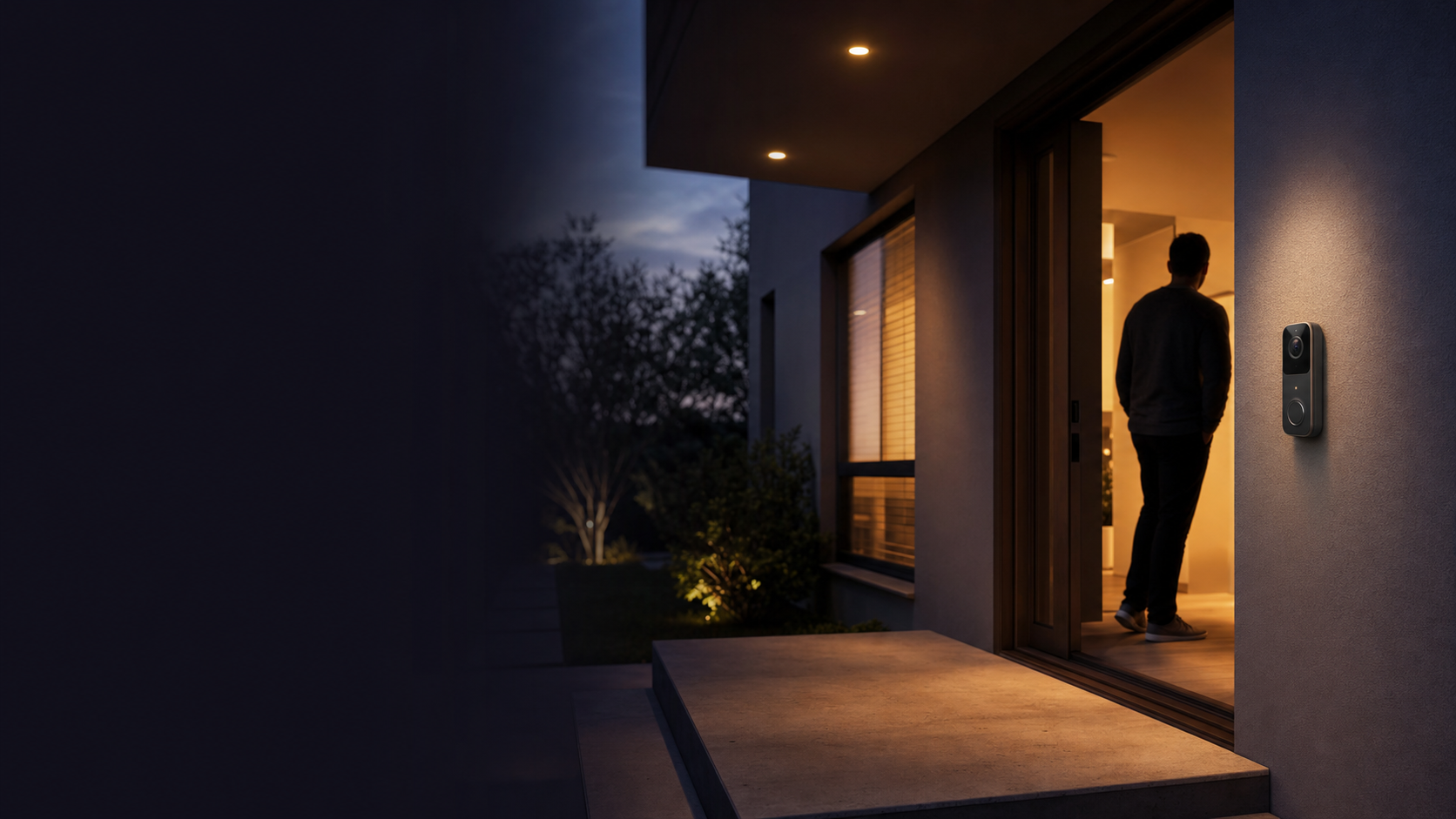 A contemporary home entrance with a generic smart doorbell at twilight