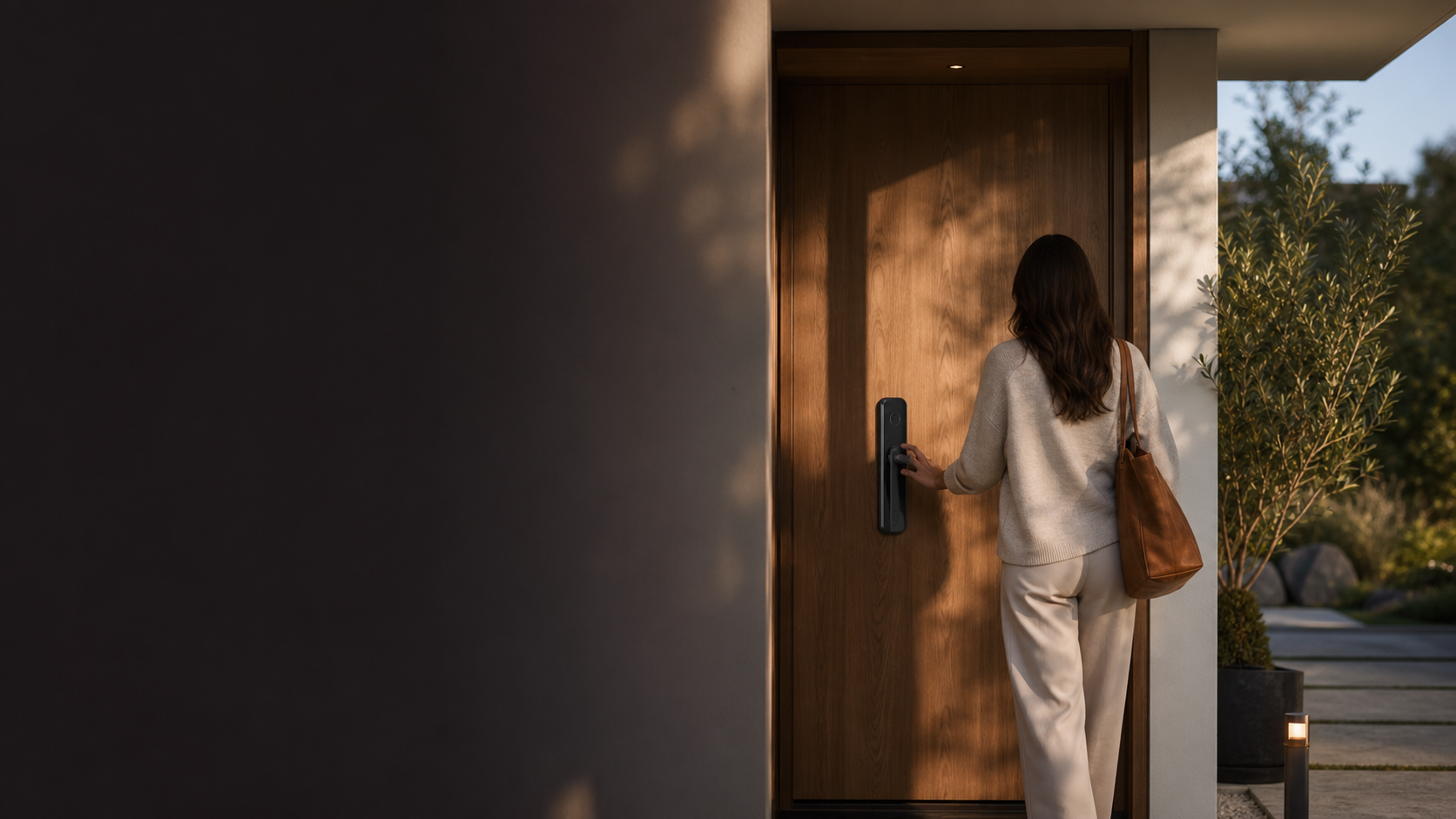 A homeowner using a generic smart lock at a contemporary entrance